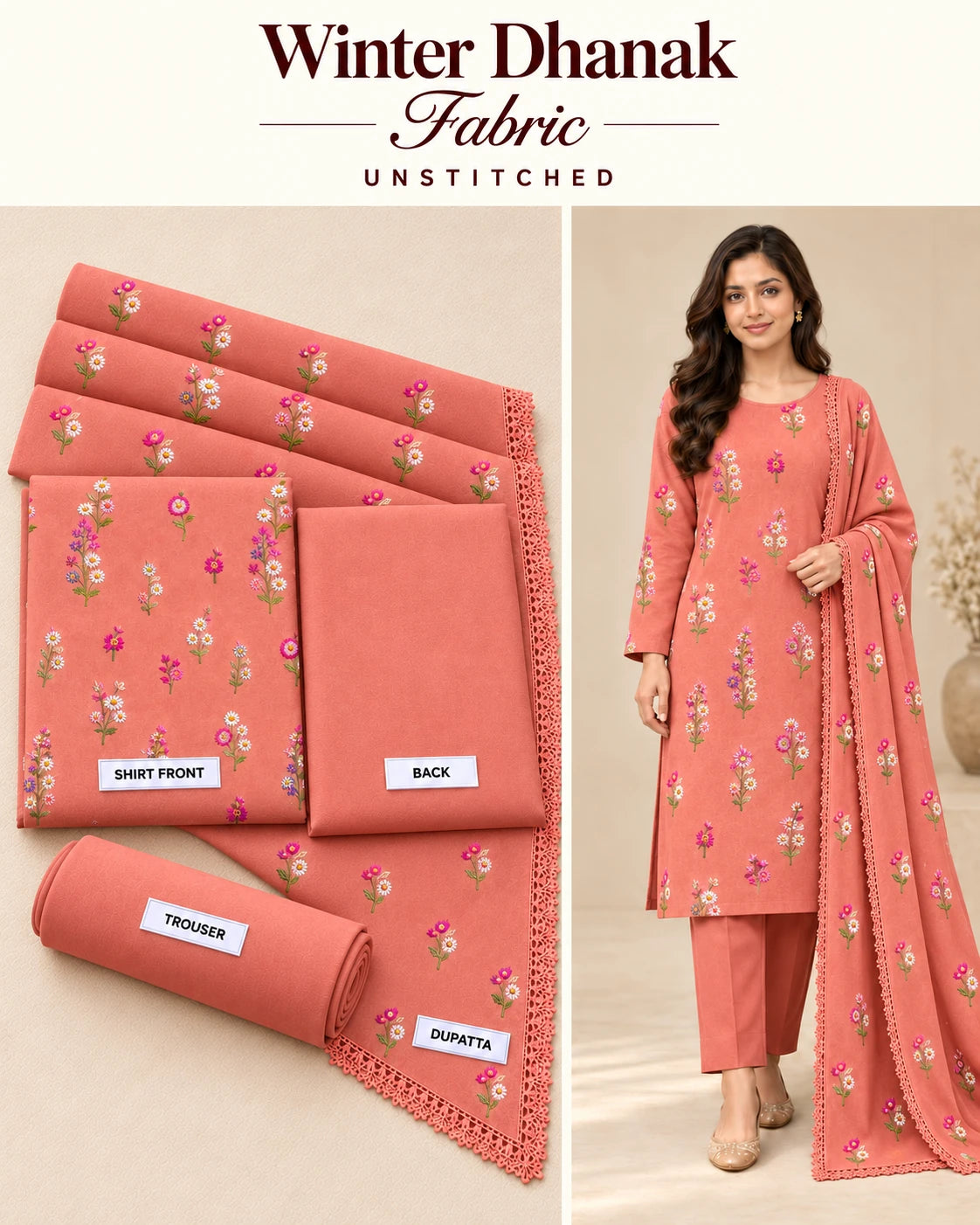Indian Booti Dhanak Embroidered 3-Piece Un-Stiched BLACK Peach