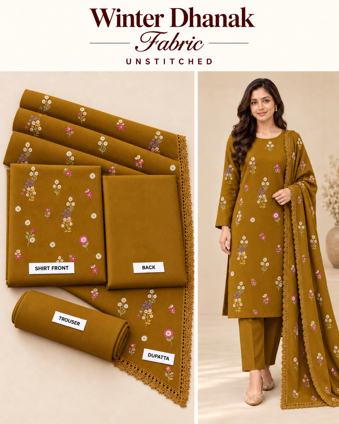 Indian Booti Dhanak Embroidered 3-Piece Un-Stiched MUSTARD