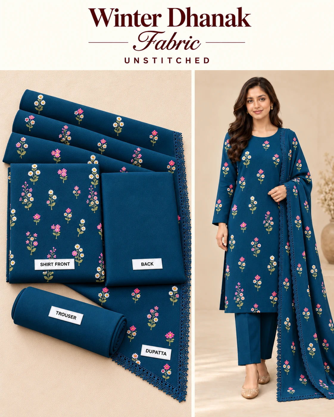 Indian Booti Dhanak Embroidered 3-Piece Un-Stiched BLACK Zinc