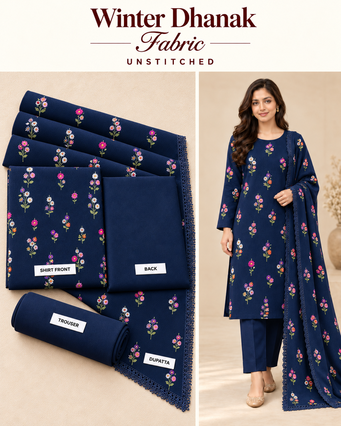 Indian Booti Dhanak Embroidered 3-Piece Un-Stiched BLUE