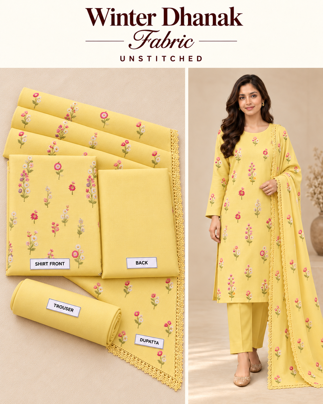 Indian Booti Dhanak Embroidered 3-Piece Un-Stiched LEMON