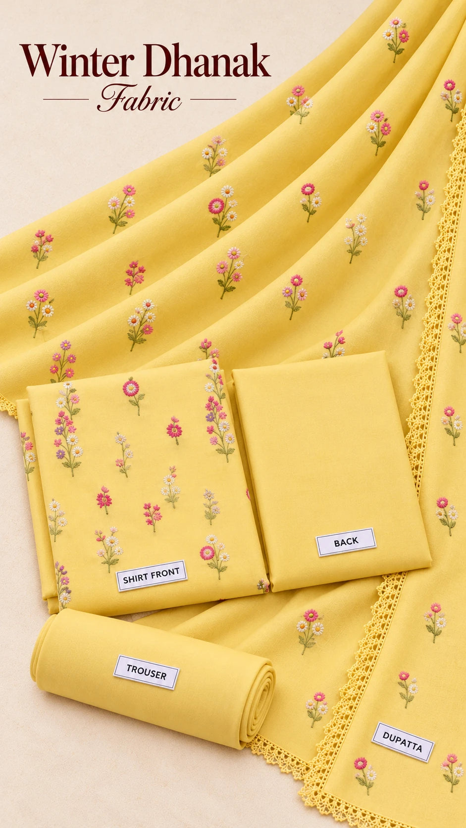 Indian Booti Dhanak Embroidered 3-Piece Un-Stiched LEMON