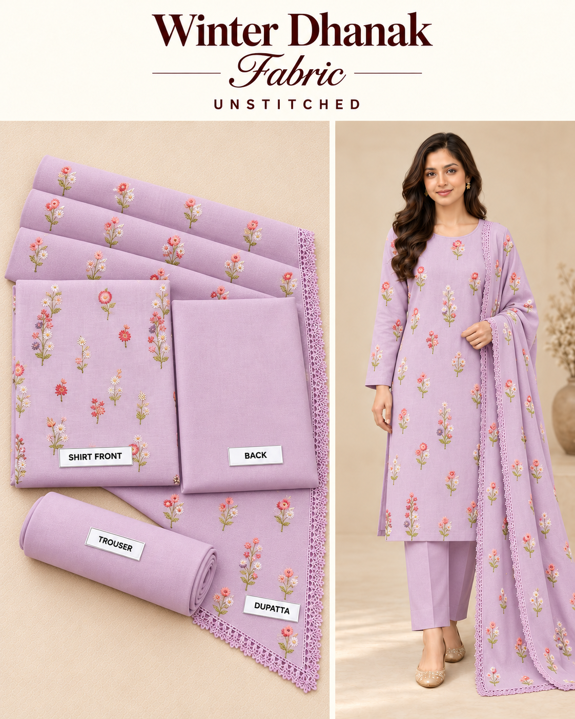 Indian Booti Dhanak Embroidered 3-Piece Un-Stiched LILAC