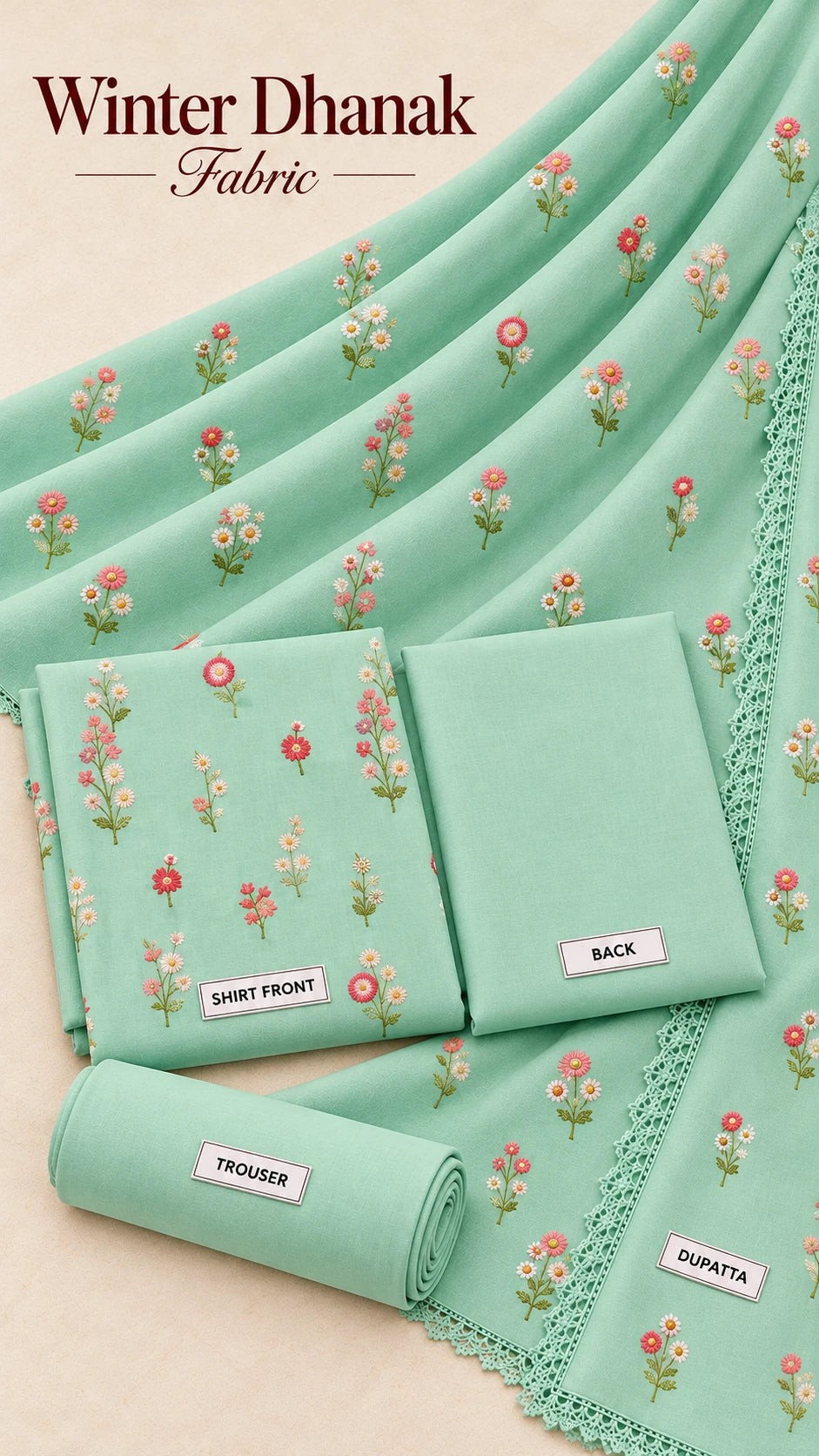 Indian Booti Dhanak Embroidered 3-Piece Un-Stiched SEA GREEN