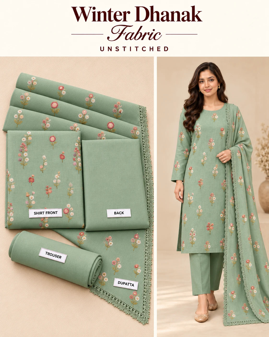 Indian Booti Dhanak Embroidered 3-Piece Un-Stiched PISTA