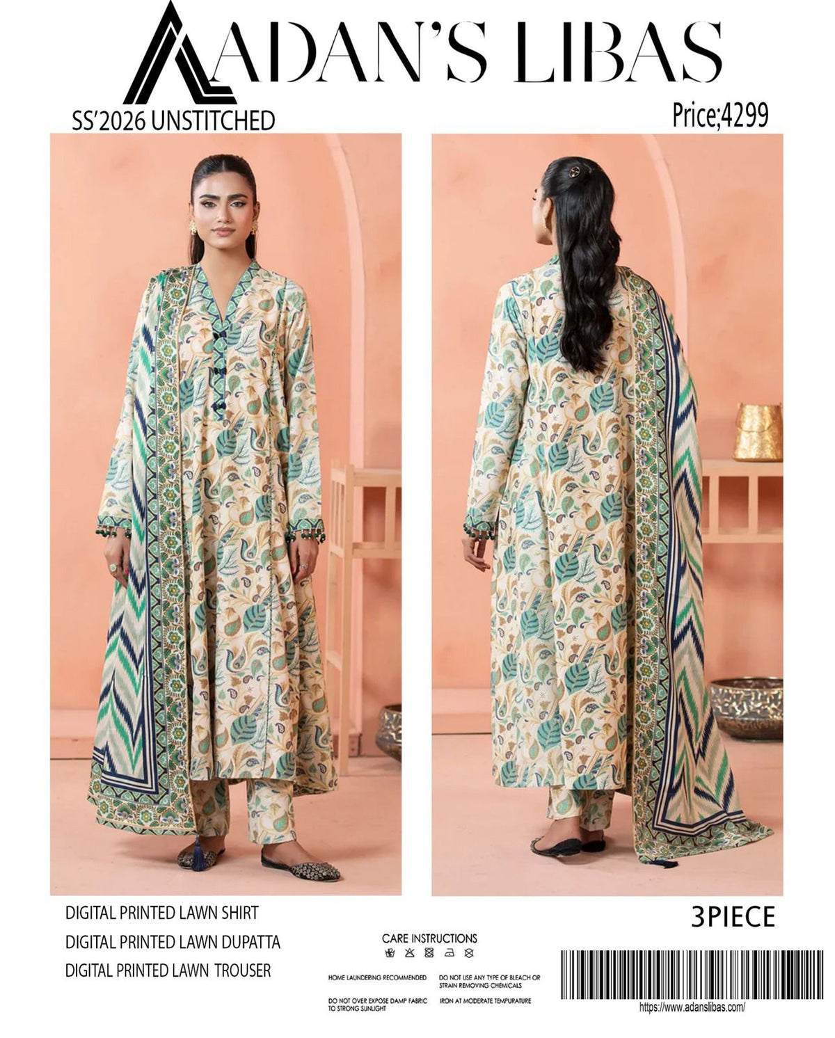 Adan's Libas Digital Lawn 3-Piece Un-Stiched