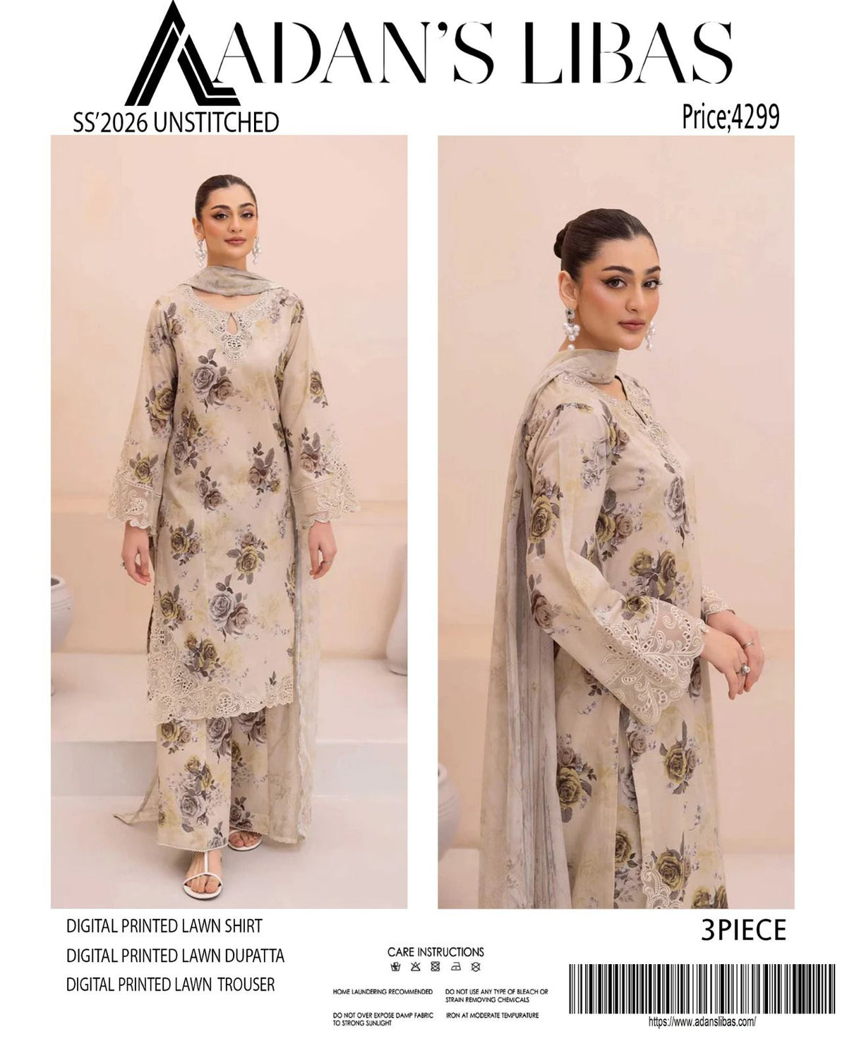 Adan's Libas Digital Lawn 3-Piece Un-Stiched