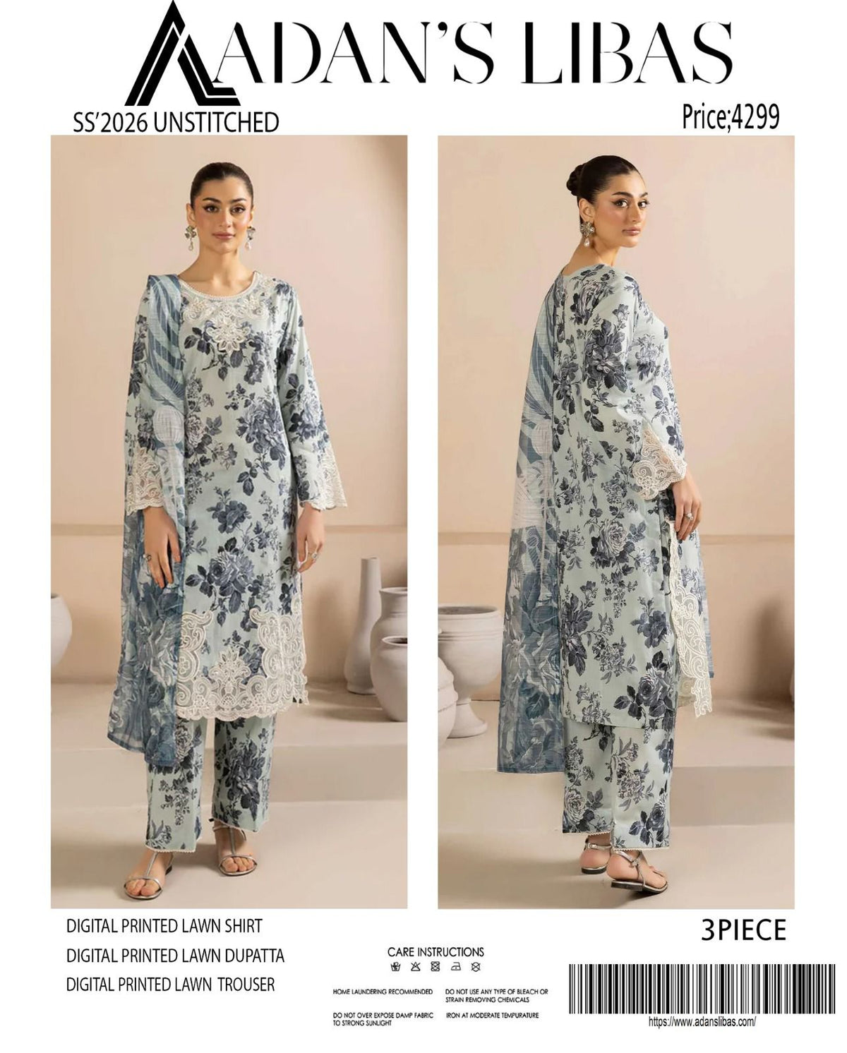 Adan's Libas Digital Lawn 3-Piece Un-Stiched