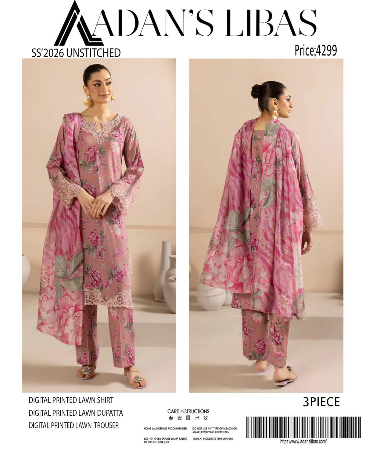 Adan's Libas Digital Lawn 3-Piece Un-Stiched