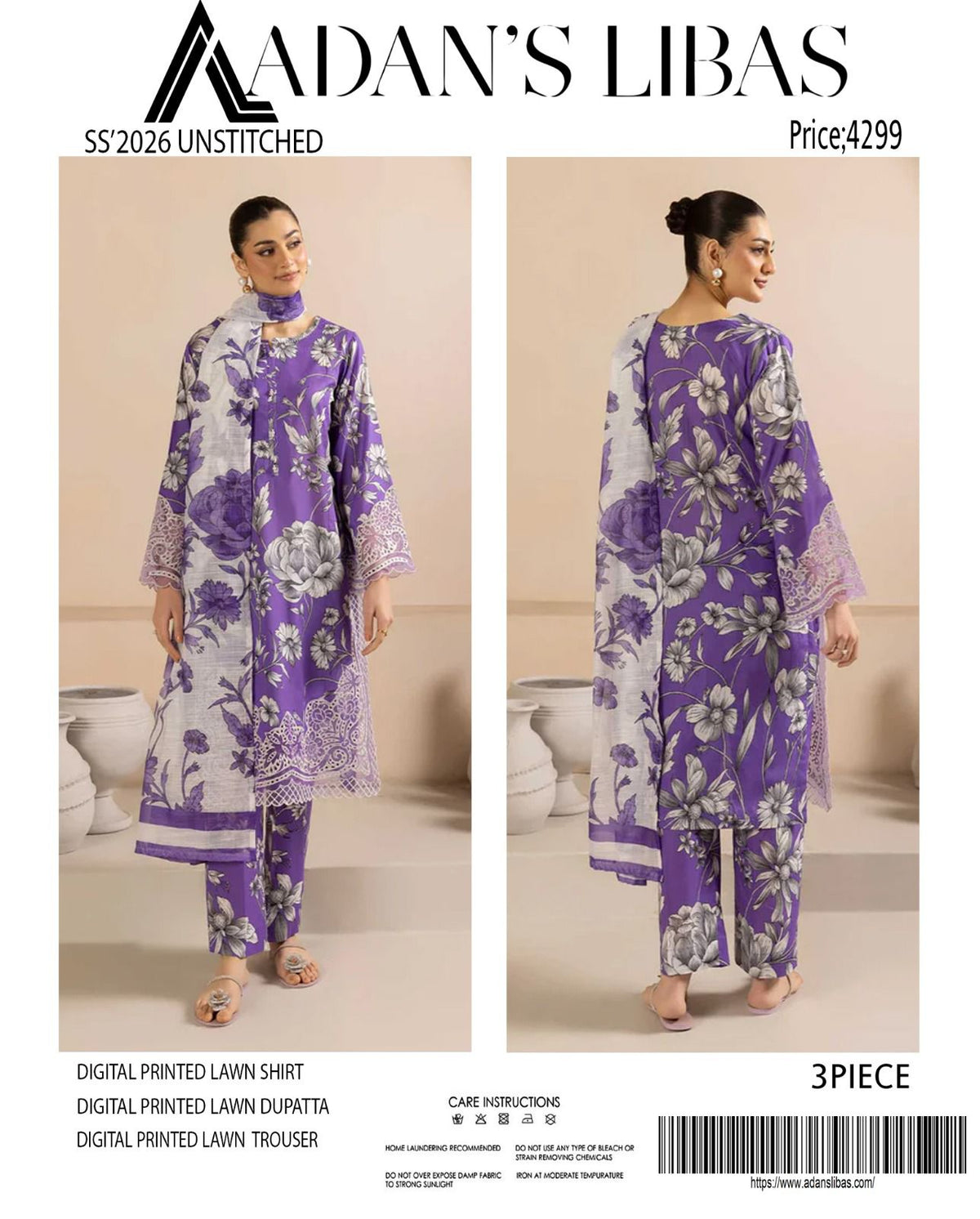 Adan's Libas Digital Lawn 3-Piece Un-Stiched