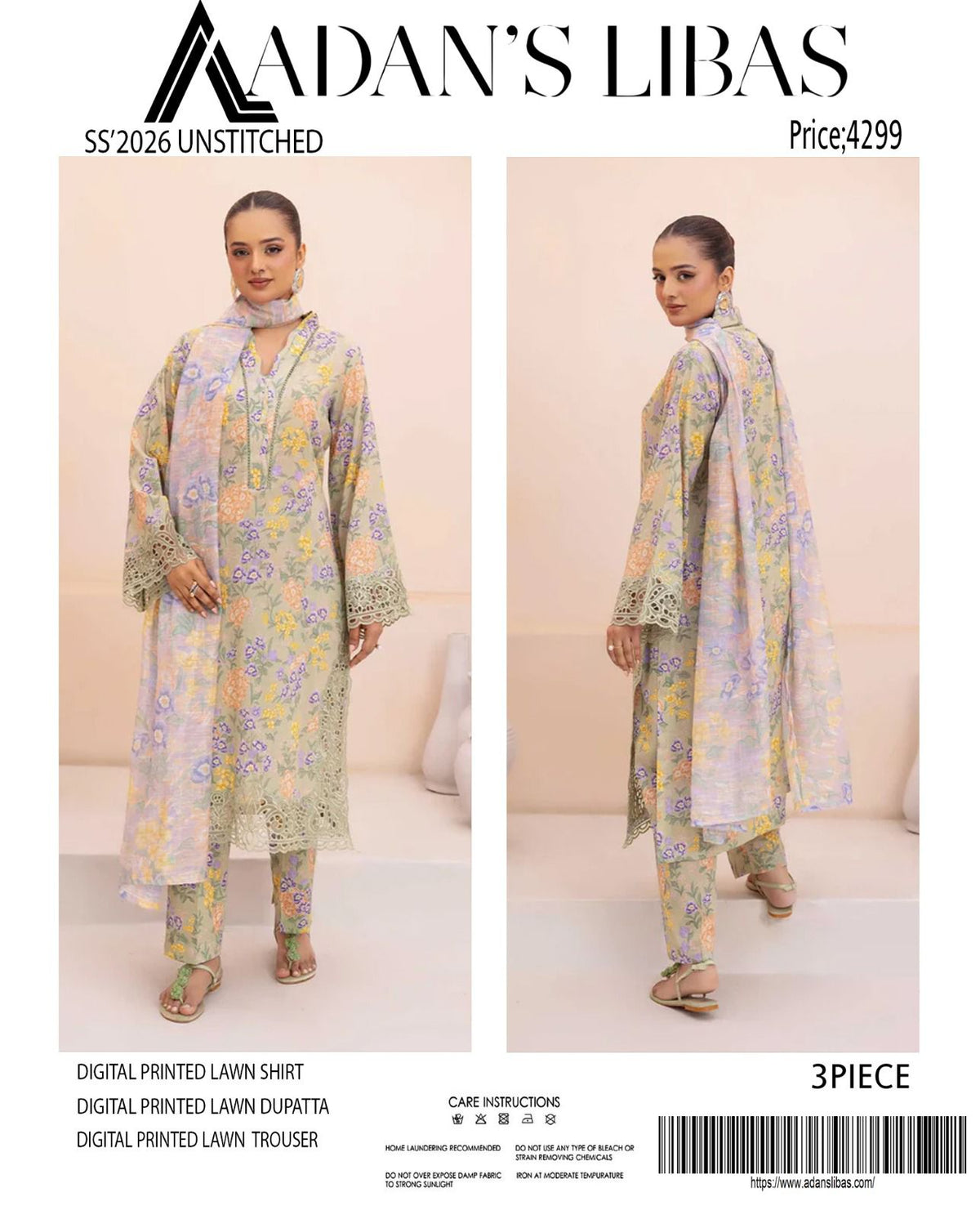 Adan's Libas Digital Lawn 3-Piece Un-Stiched
