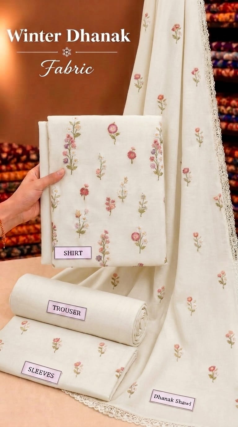 Indian Booti Dhanak Embroidered 3-Piece Un-Stiched WHITE