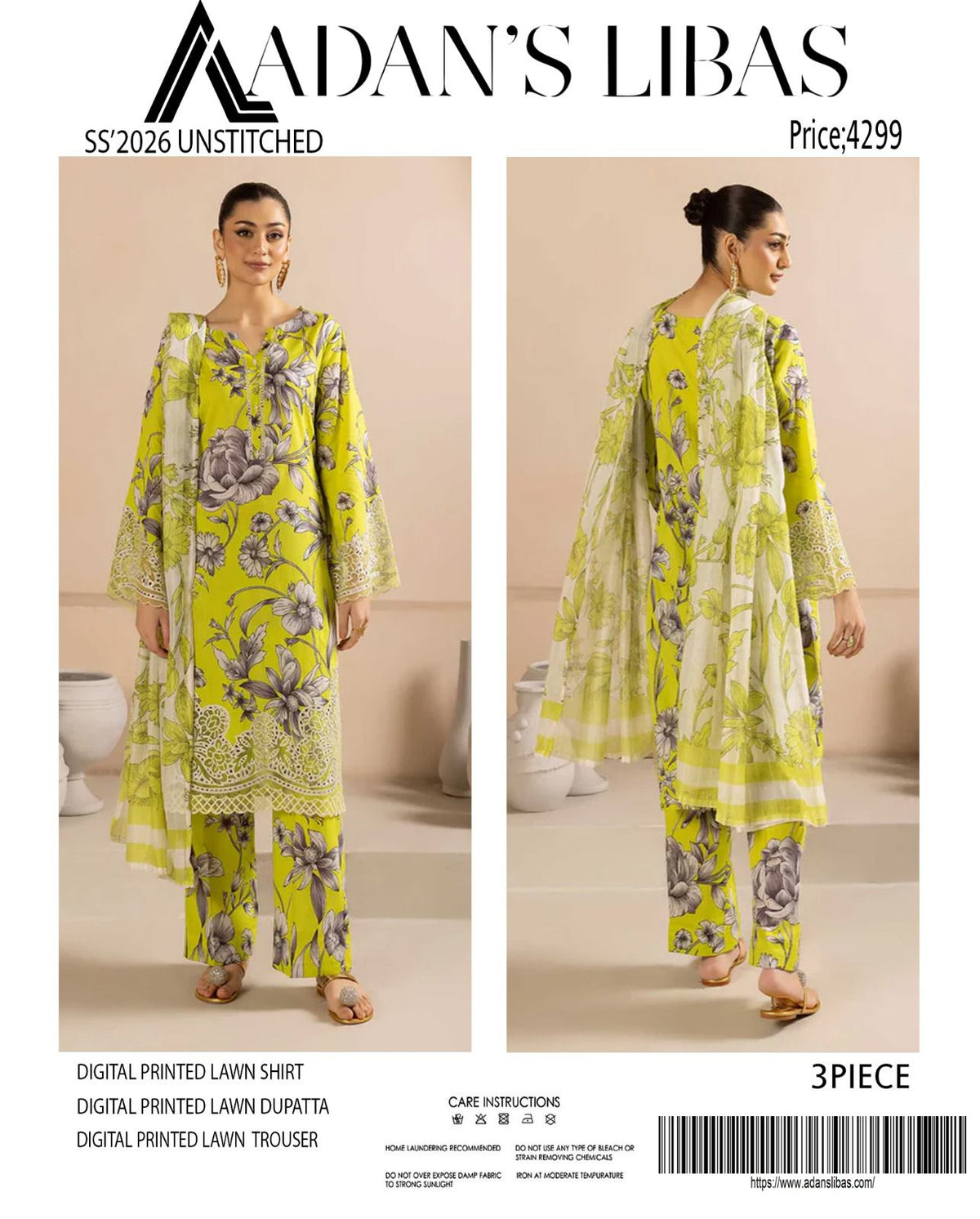 Adan's Libas Digital Lawn 3-Piece Un-Stiched