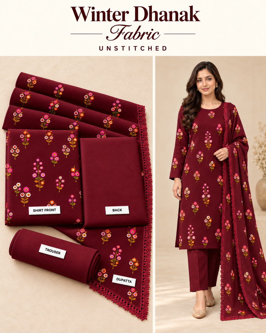 Indian Booti Dhanak Embroidered 3-Piece Un-Stiched MEHROON