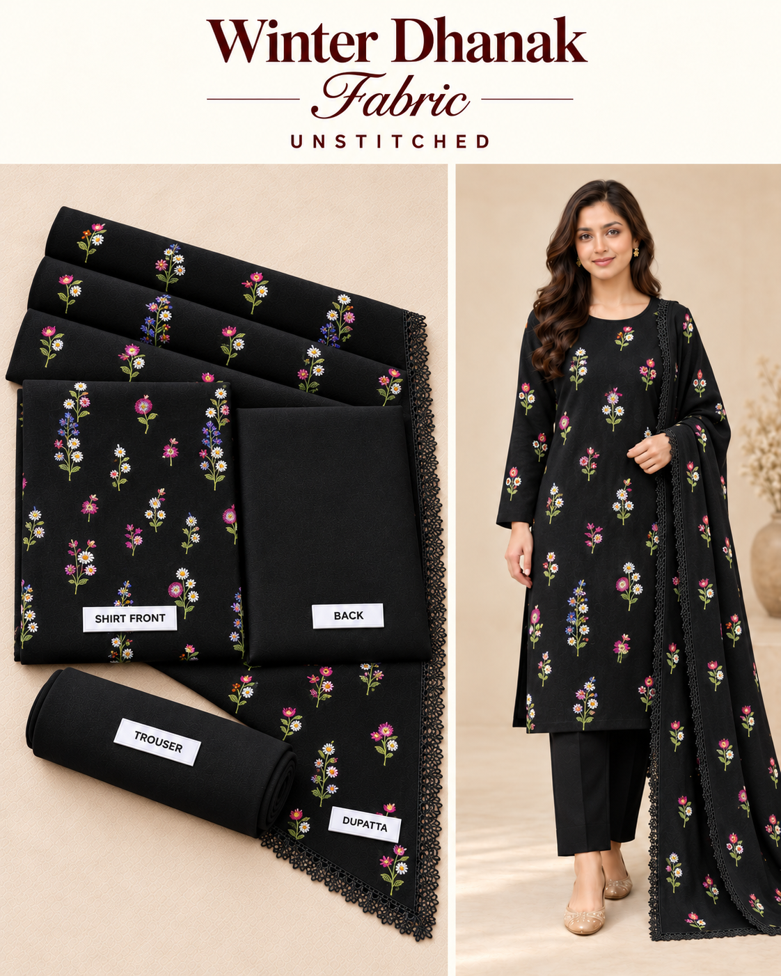 Indian Booti Dhanak Embroidered 3-Piece Un-Stiched BLACK