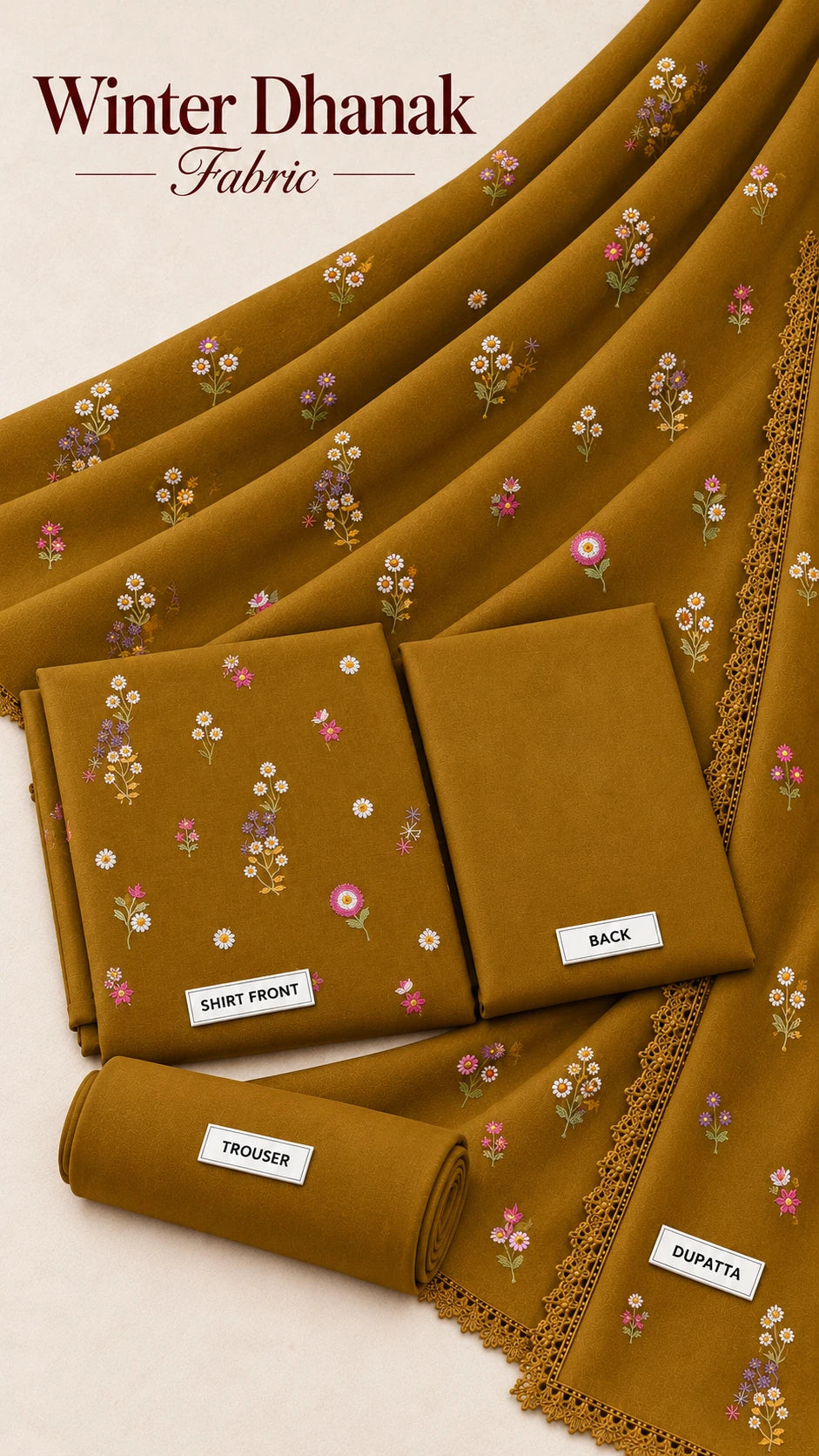 Indian Booti Dhanak Embroidered 3-Piece Un-Stiched MUSTARD