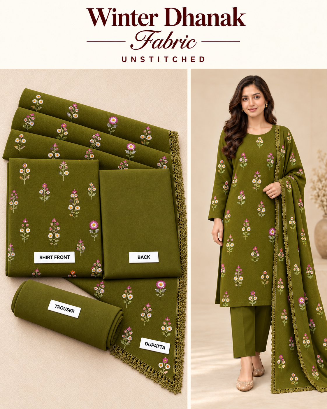 Indian Booti Dhanak Embroidered 3-Piece Un-Stiched MEHNDI