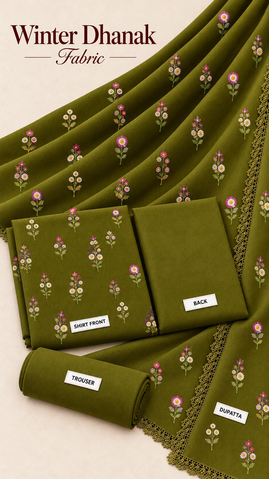 Indian Booti Dhanak Embroidered 3-Piece Un-Stiched MEHNDI