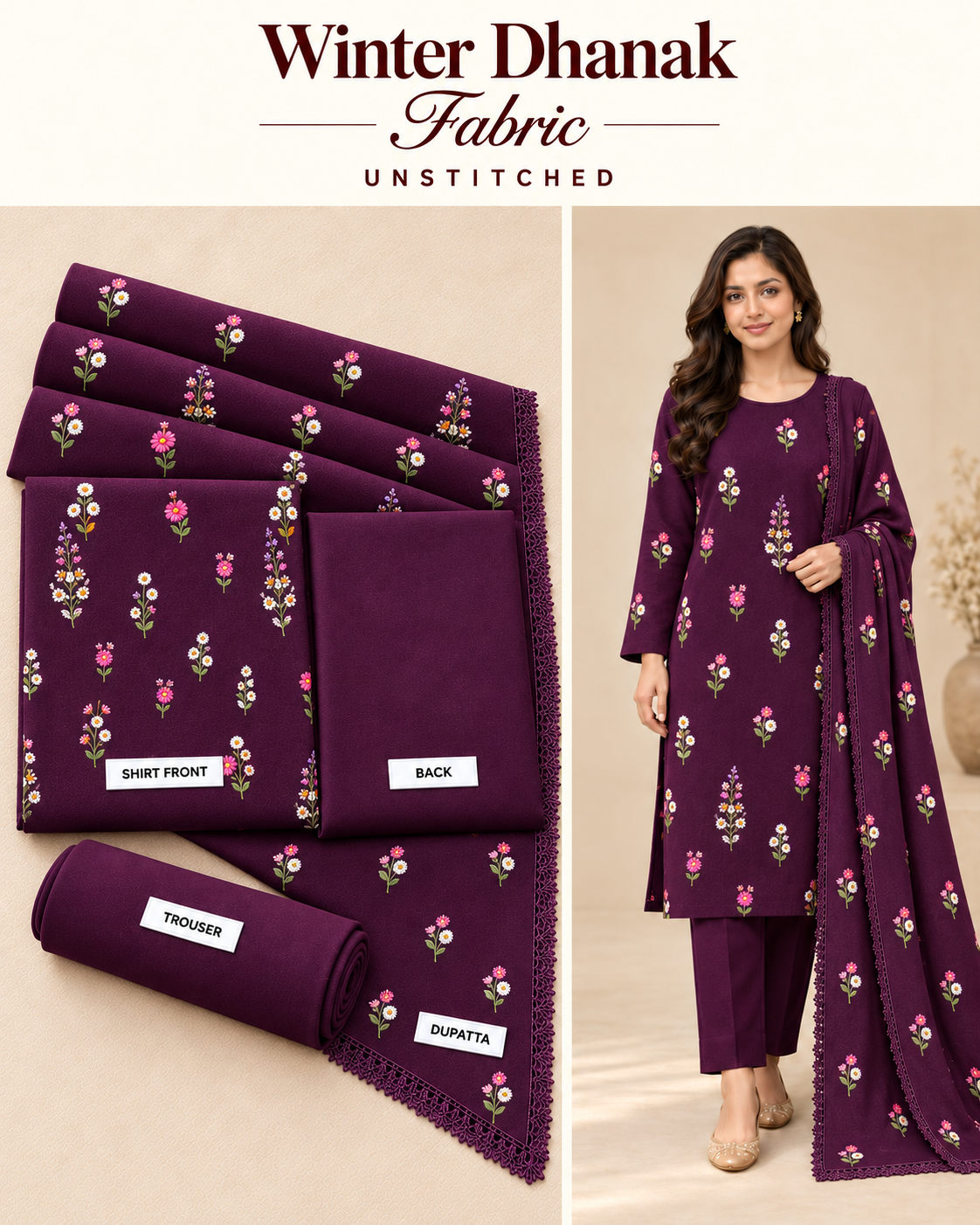 Indian Booti Dhanak Embroidered 3-Piece Un-Stiched MAJANDA