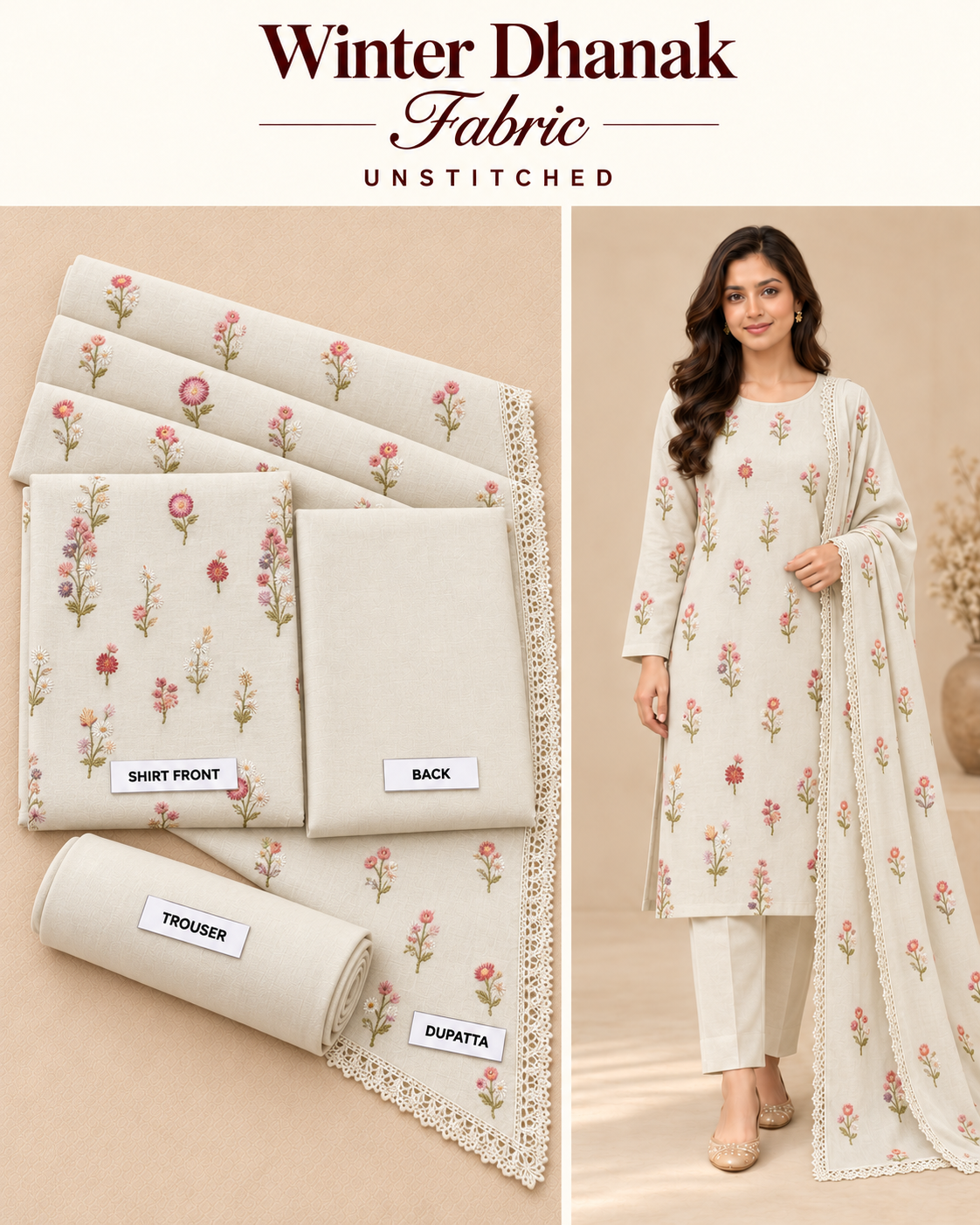 Indian Booti Dhanak Embroidered 3-Piece Un-Stiched WHITE