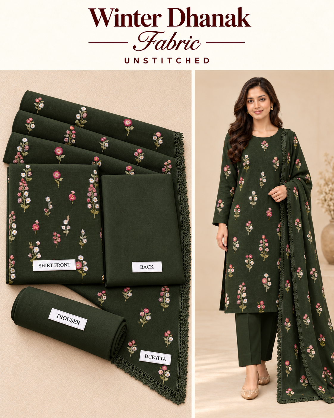 Indian Booti Dhanak Embroidered 3-Piece Un-Stiched BOTTLE GREEN